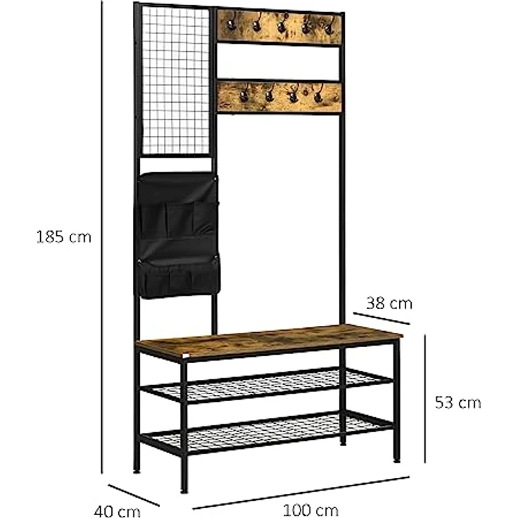 HOMCOM Garderobenständer, Braun, Metall und Holzwerkstoff, mit Schuhregal, 9 Haken und Memo-Board, 100x40x185 cm – Bild 7