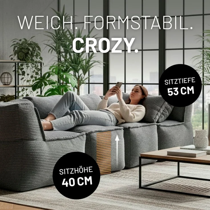 Lumaland Sitzsack-Sofa, Polyester, Mittelteil, Cord - Grau, 70 x 81 x 54 cm – Bild 5