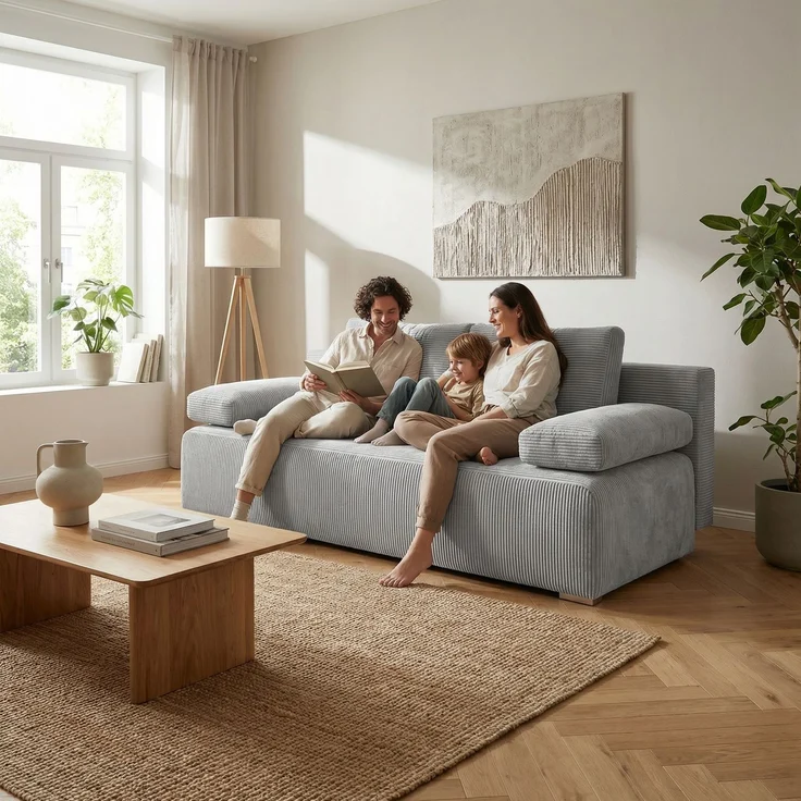 Wohnero 24 Zaya Premium Schlafsofa 201x91 cm mit Bettkasten & DL-Automatik – 201x137 cm Liegefläche, 3-Sitzer Sofa mit Schlaffunktion - Dunkelgrau – Bild 1