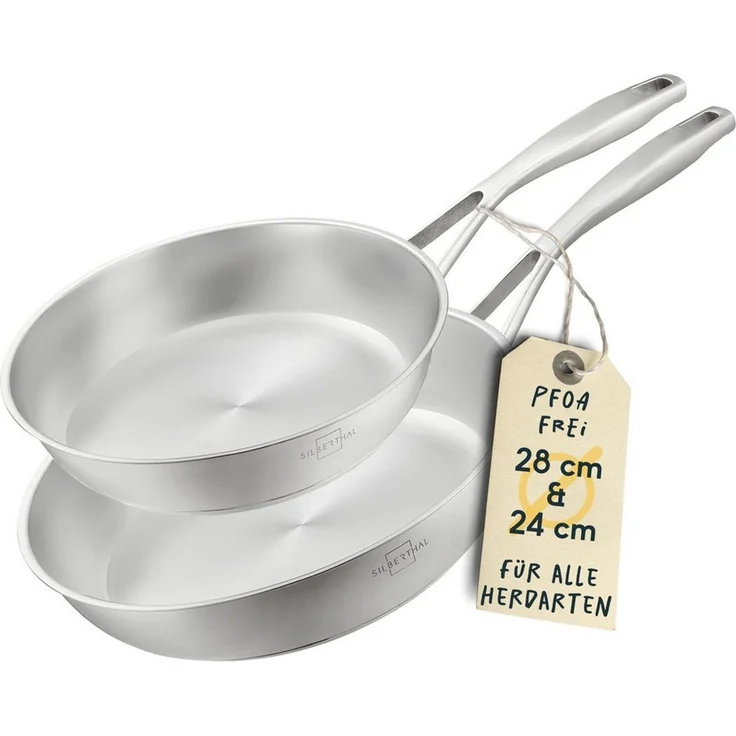 SILBERTHAL Bratpfanne 2er Set, Edelstahlpfanne Unbeschichtet Induktion, Edelstahl (2-tlg), für Röstaromen, spülmaschinenfest, backofenfest bis 400°C – Bild 1