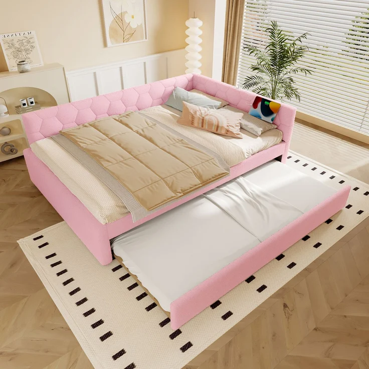 Daybett, 140*200cm Tagesbett, Schlafsofa, Bett mit Lattenrost (ohne Matratze), mit Nachttischlampe, mit multifunktionalem Ausziehbett, USB-Anschluss, Typ-C, Komfortmaterial, Vliesimitat, Rosa – Bild 5