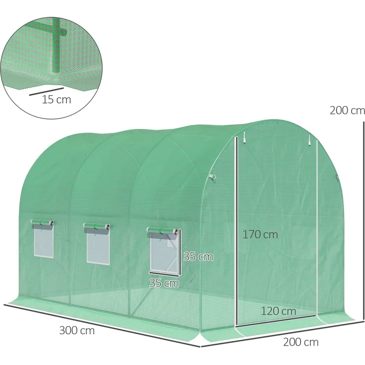 Wohnora-Tunnelgewächshaus, 6 m² Grundfläche, 3 m L x 2 m B x 2 m H, Stahl, Reißverschlusstür, 6 aufrollbare Fenster, Grün,H 1980cm x T 1500cm x B 1960cm – Bild 4
