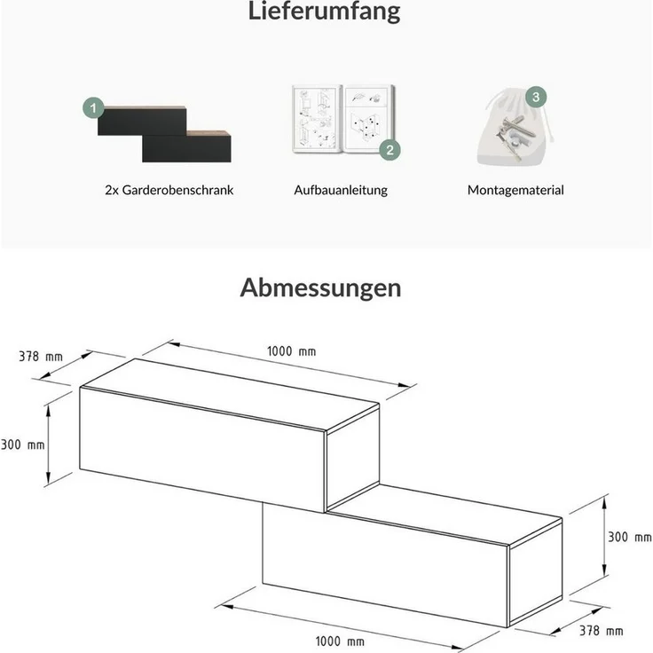 Planetmöbel Garderoben-Set 2x Hängeschrank WEST 100 cm gold eiche / anthrazit, (Garderobenschrank, Wandgarderobe hängend oder stehend), in verschiedenen Farben – Bild 3