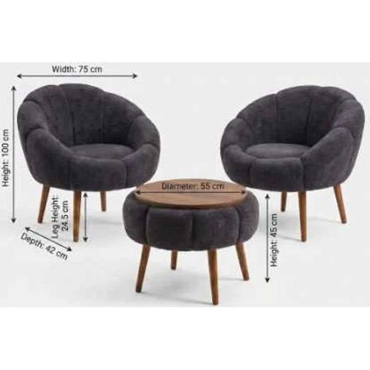 Hanah Home Elegantes Ohrensessel- und Couchtisch-Set (3-teilig), Anthrazit, 100% Leinen und Esche | 18 mm melaminbeschichtet | Moderner Komfort – Bild 4