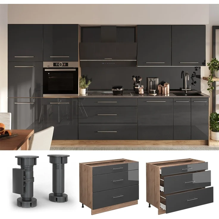 Küchenunterschrank Fame-Line Anthrazit Hochglanz/Goldkraft Eiche 100 cm, AP Eiche Vicco – Bild 4