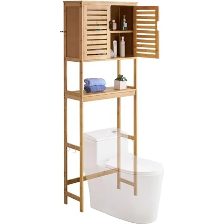 VEVOR Toilettenschrank Badezimmerschrank mit Doppeltür & verstellbarem Regal, platzsparender 3-stöckiger Badschrank über der Toilette mit offenem Regal, 65 x 27 x 175 cm Aufbewahrungsschrank Natur – Bild 1