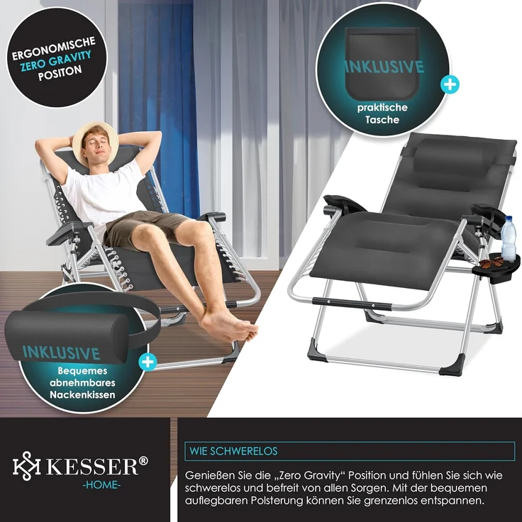 KESSER® Sonnenliege Liegestuhl, klappbare Gartenliege extra breit & Wetterfest, Belastbar 200kg, Ergonomisches Polster, verstellbare Rückenlehne inkl. Nackenkissen, Getränkehalter & Armpolster Anthrazit, Liege (Basic) – Bild 6