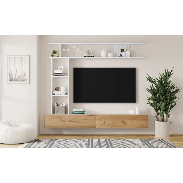180*35*22.5cm TV Wohnwand-set mit Vitrinen,Mediawand inkl. TV-Board, Standregal und Wandregal,TV Wohnzimmermöbel-Set,TV-Schrank, stehend&hängend,TV bis 80',Weiß + Holzfarbe--Weiß + Eiche--95.99x36.5x16.99cm--YOUDENOVA – Bild 7