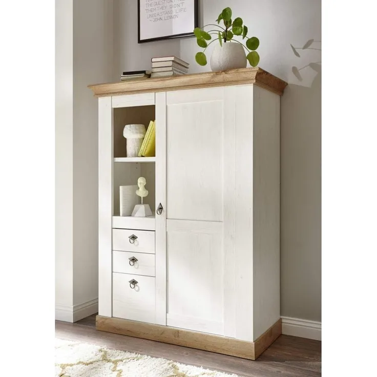 Landhaus Highboard Kommode in Pinie weiß matt LINARES-61 Absetzungen Wotan Eiche Nb. - B/H/T ca. : 102/139/44 cm