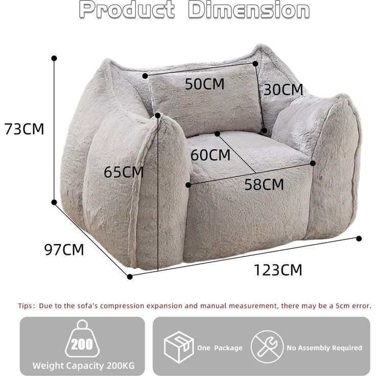 Sitzsack 123cm×97cm×73cm mit Kissen – weicher Relaxsessel mit Lammfell-Optik und Formschaum, Grau – Bild 7