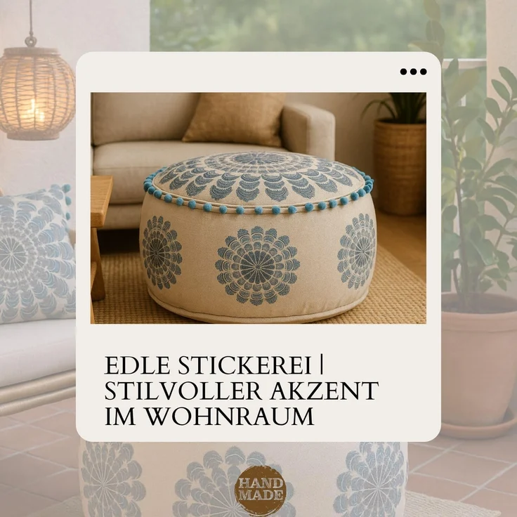 Marrakesch Orient & Mediterran Interior Pouf Pouf Garet Blau, runder Baumwoll-Sitzpouf bestickt 50x25 cm (1-St), Handarbeit – Bild 7