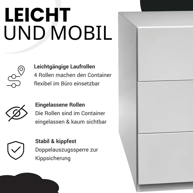 BISLEY Note Rollcontainer mit 3 Schüben aus Metall abschließbar in anthrazit - Bürocontainer mit Schloss für DIN A4 Dokumente, Kleinteile & Büromaterial, Container für Büro & Homeoffice auf Rollen, NWA59M7SSS-634 – Bild 3