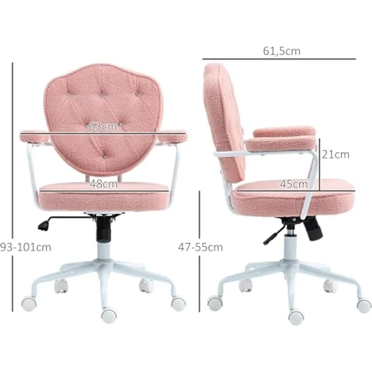 HOMCOM Bürostuhl Ergonomisch Schreibtischstuhl mit Wippfunktion, geknöpftem Bezug (Computerstuhl, 1 St), für Home Office, Teddybärvlies, Rosa – Bild 3