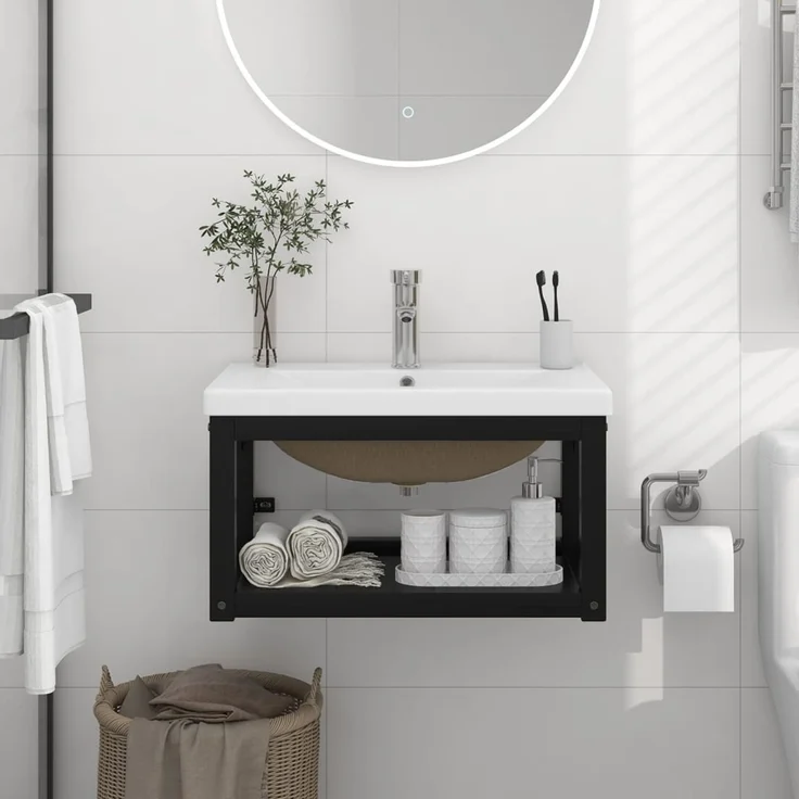 Badezimmer-Waschtischgestell, Unterschrank mit Waschbecken Schwarz Eisen de122 – Bild 2