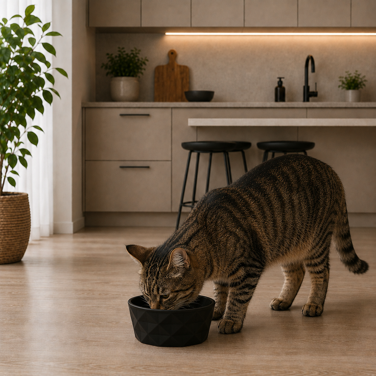 belviona Katzennapf aus Keramik, rutschfester Futter- & Wassernapf mit Silikonboden, robust & spülmaschinengeeignet, 550 ml, schwarz matt