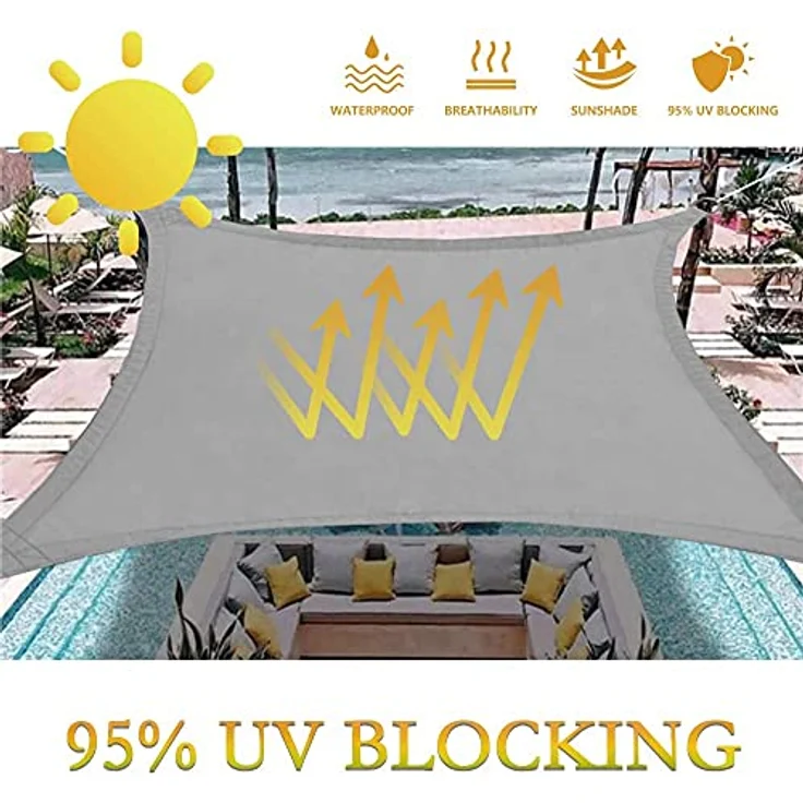 Dripex Sonnensegel wasserdicht Sonnenschutz Set 3X5 m inkl Befestigungsseile Rechteckig Polyester Imprägniert 95% UV Schutz Windschutz Wetterschutz für Balkon Garten Terrasse - Grau – Bild 4