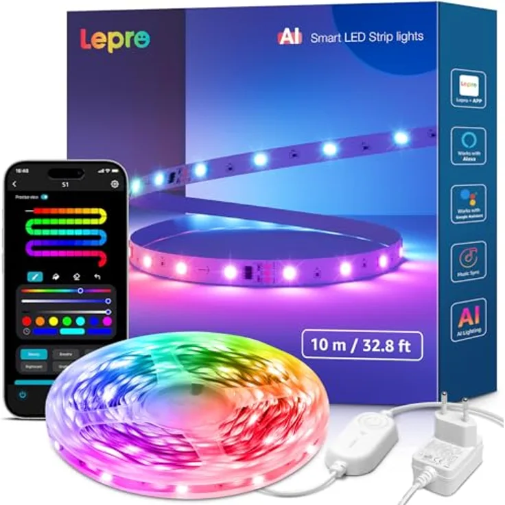 Lepro AI LED Streifen S1, MagicColor RGBIC 10M Smart LED Strip mit KI-Lichtdesigner, Musik-Sync, App-Steuerung, kompatibel mit Alexa & Google Assistant für Party & Gaming