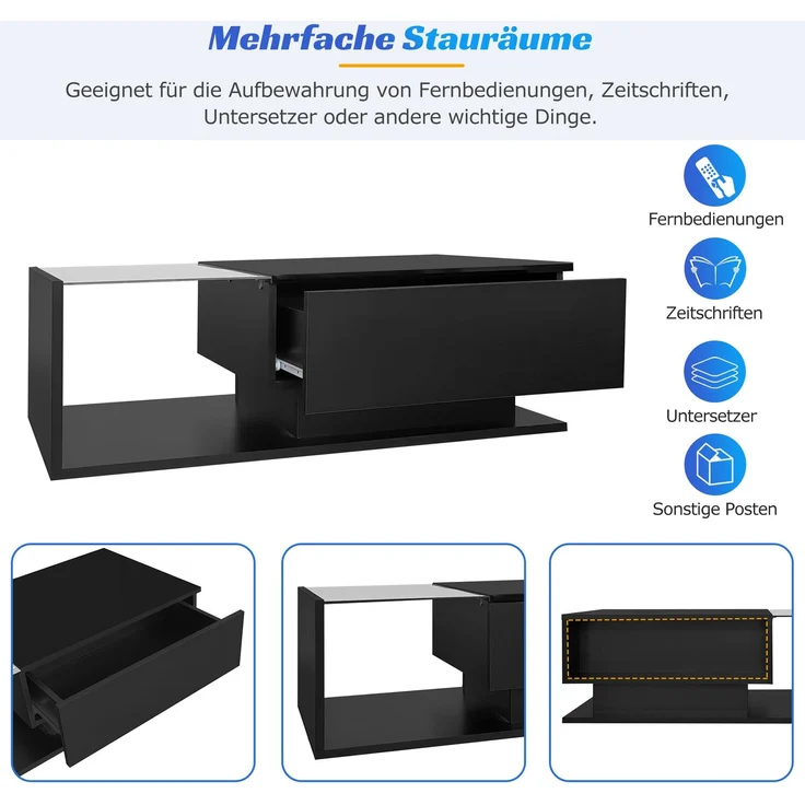 Couchtisch mit Glas, 1 Schublade, LED-Beleuchtung per App steuerbar, 100x50x32 cm, stoßfestes Glas – Bild 7