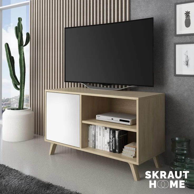 Skraut Home – TV-Schrank für Wohnzimmer – 57 x 95 x 40 cm – geeignet für 32/40" Fernseher – Modell Wind 100 – Puccini – weiße Flügeltür – Bild 2