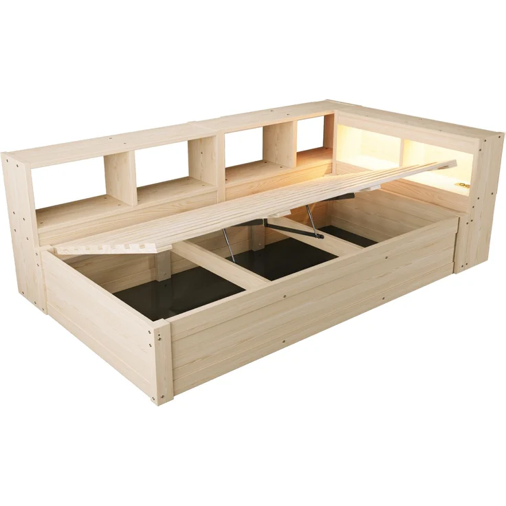 Multifunktionsbett 90×200 cm mit Bettkasten, LED-Lichtleiste und Steckdose, Holzfarbe, ohne Matratze – Bild 9