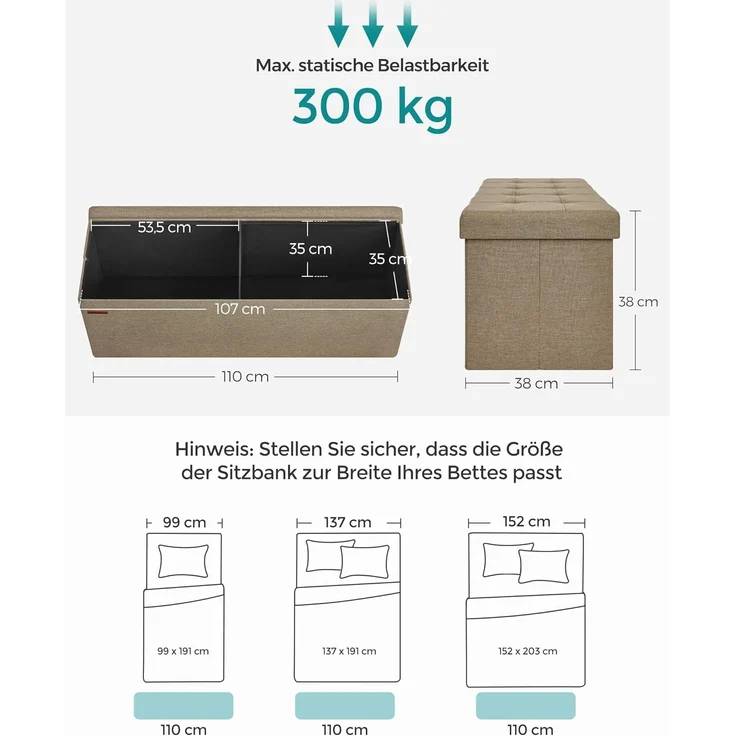 SONGMICS Sitzhocker mit Stauraum, klappbare Sitzbank, 38 x 110 x 38 cm Fußbank, Aufbewahrungsbox, bis 300 kg belastbar, für Wohnzimmer Schlafzimmer Flur, Kamelbraun LSF077R01 – Bild 3