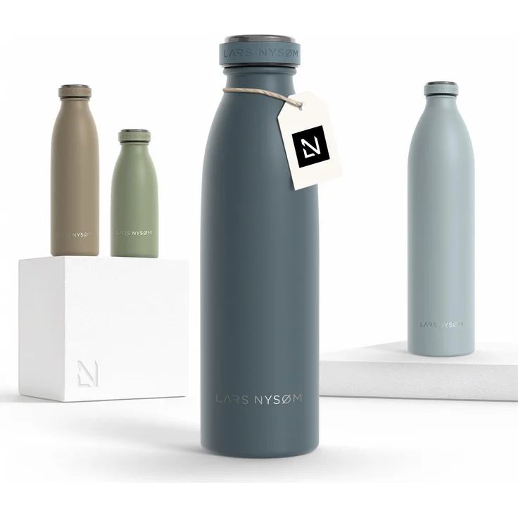 LARS NYSØM Edelstahl Trinkflasche 350ml, 500ml, 750ml, 1L, 1 5 liter | Thermosflasche Kohlensäure geeignet | Auslaufsichere Wasserflasche für Sport, Outdoor, Schule (Stone Blue, 500ml)