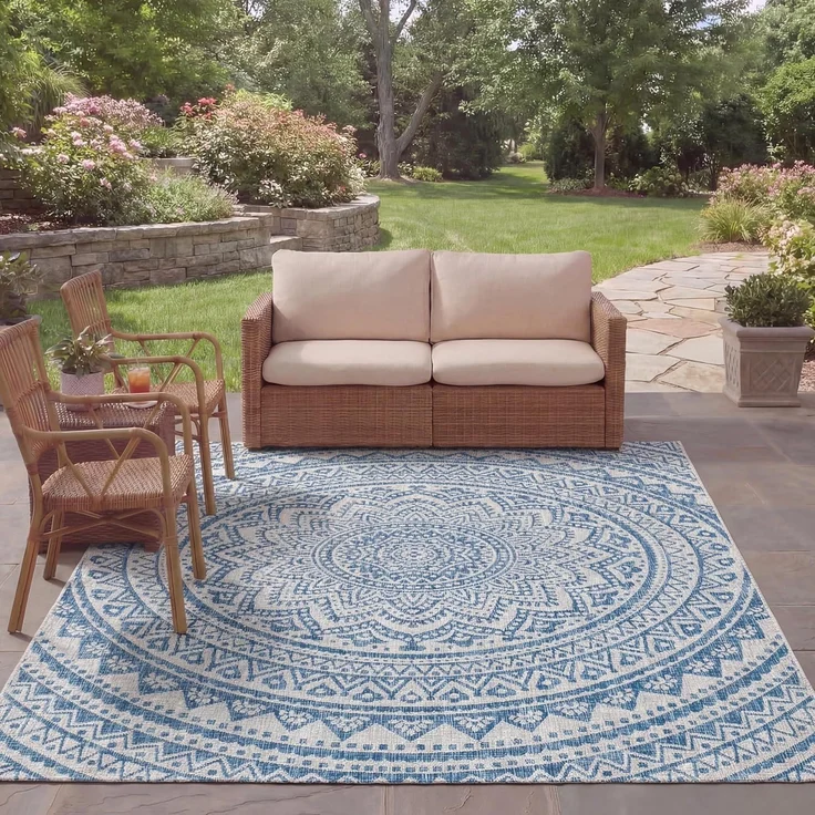 SAFAVIEH Zeitgenössische Teppich für Innen - & Außenbereich - Courtyard Collection, Kurzer Flor, Hellgrau und Blau, 244 X 335 cm – Bild 1