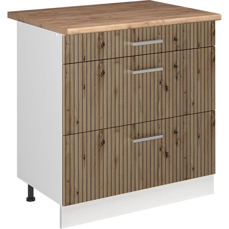 Küchenunterschrank R-Line Artisan-Eiche/Weiß 80 cm mit 3 Schubladen Arbeitsplatte Goldkraft Eiche Vicco – Bild 1