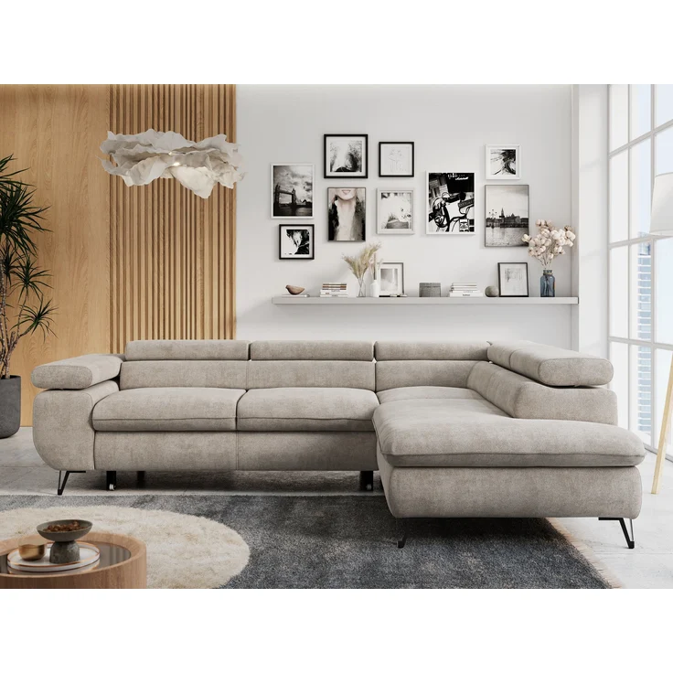 Mks Möbel 'Peter L-form' Ecksofa mit Bettfunktion, Bettkasten & einstellbaren Kopfstützen, Beige, Stoff, mit Topper, rechts – Bild 4