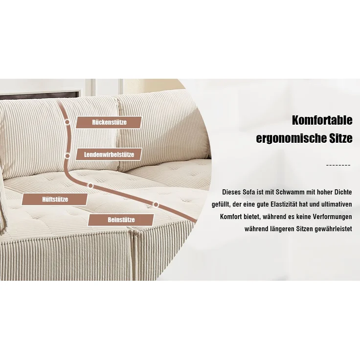 Modulares 6-Sitzer Sofa, ca. 308x154x82 cm, Beige Cord, mit Seitentaschen – Bild 7