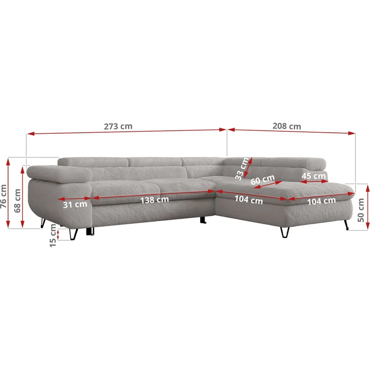 Ecksofa mit Bettfunktion, Modern Sofa, L-form, Einstellbare Kopfstützen, Bettkasten - PETER - Hellgrau Plüsch - Topper T25 - rechts – Bild 7