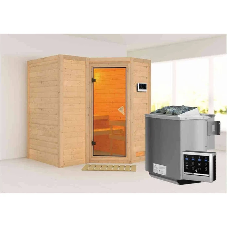 Karibu Sauna Sahib 1 + 9kW BIO-Kombiofen mit ext. Steuerung Easy Graphit-Ganzglastür – Bild 4