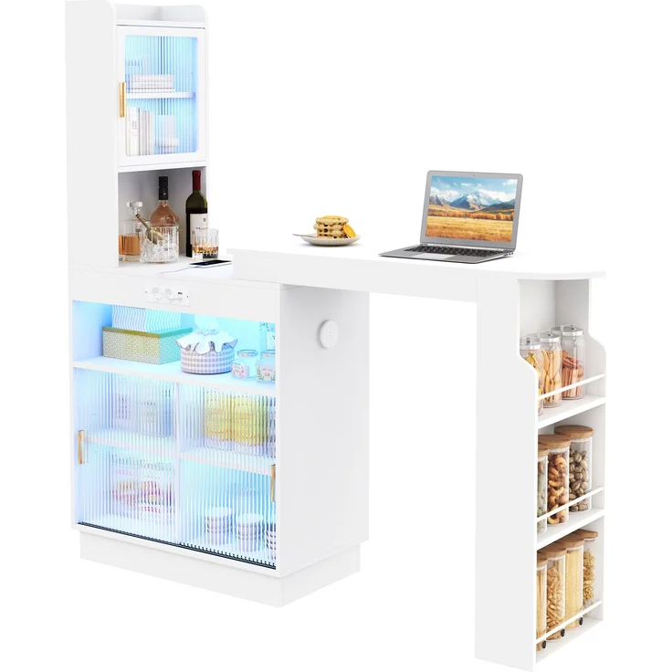 ZUBALIYA Küchenschrank mit Glastüren / Barschrank & Sideboard, mit ausziehbarer Bartisch & Stehtisch mit Stauraum und steckdose, Weiß, 131–170 x 40 x 170 cm, fürs Büro, mit LED, Samt – Bild 13