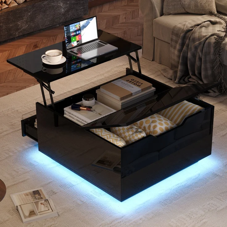 Couchtisch mit Liftfunktion und LED, quadratischer Wohnzimmertisch 70 x 70 x 38 cm, schwarz Hochglanz, Acryl-Perspektivdesign – Bild 2