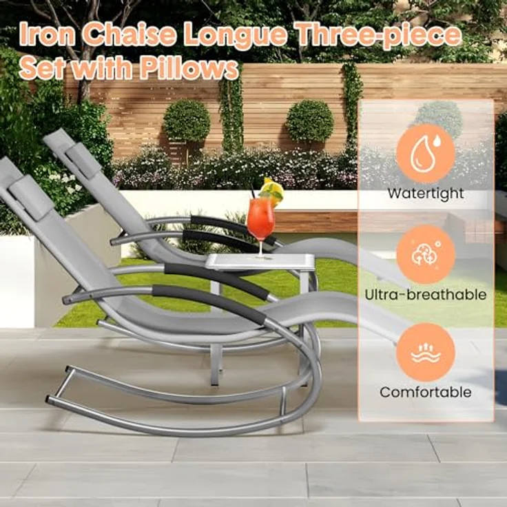 GarveeHome 3-Teiliges Outdoor-Lounge-Set Mit 2 Liegen Und 1 Couchtisch, Textilene-Schaukelstuhl Mit Gebogenem Metallrahmen, Liegestuhl Mit Kissen, Für Poolbereich, Terrasse Und Garten – Bild 4