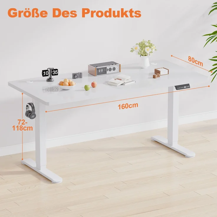Elektrisch höhenverstellbarer Schreibtisch, Memory-Funktion, USB-Anschluss, Kabelmanagement, Holzwerkstoff / Metall, Weiß, 160 x 80 cm, Höhe 72-118 cm – Bild 5