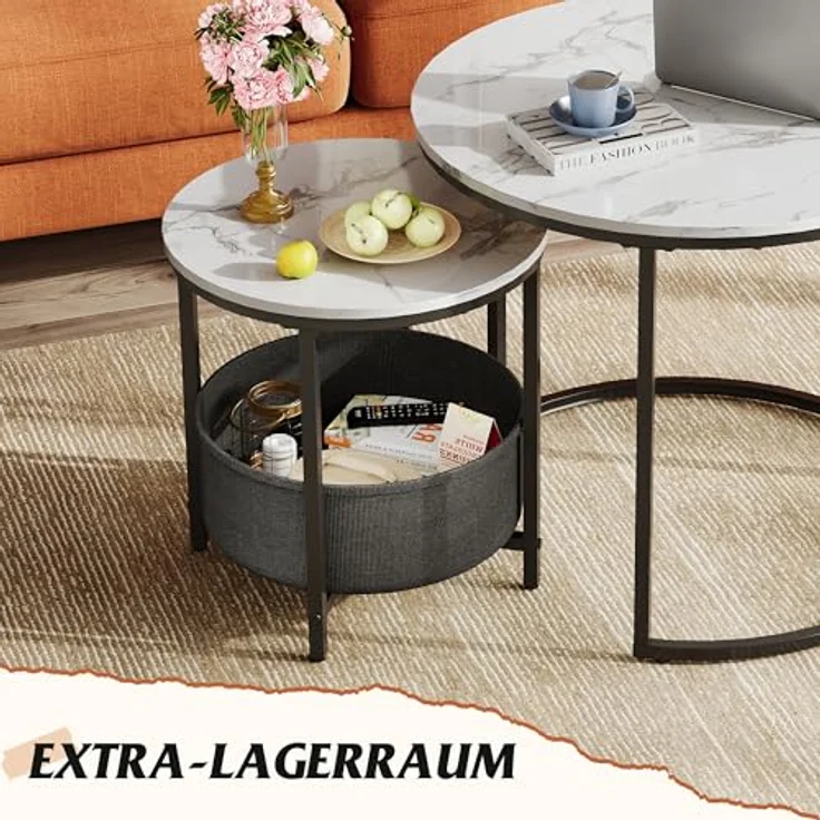 WLIVE Couchtisch 2er Set, Beistelltisch Rund mit Stauraum, Wohnzimmertisch Holz mit Metallrahmen, Sofatisch für Wohnzimmer Schlafzimmer, (Marmor Weiß, 60 cm und 40 cm Durchmesser) – Bild 8