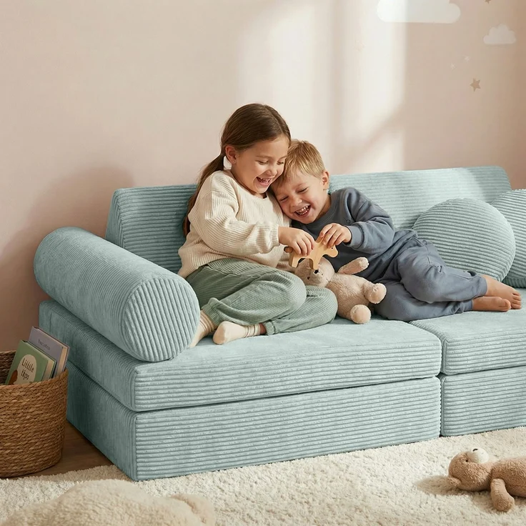 Bellabino 'Nile' Spielsofa mit Kissen und Armlehnen, 8-tlg, Cord, türkis, faltbare Kindercouch, abnehmbarer & waschbarer Bezug, Kindersofa aus Schaumstoff – Bild 2