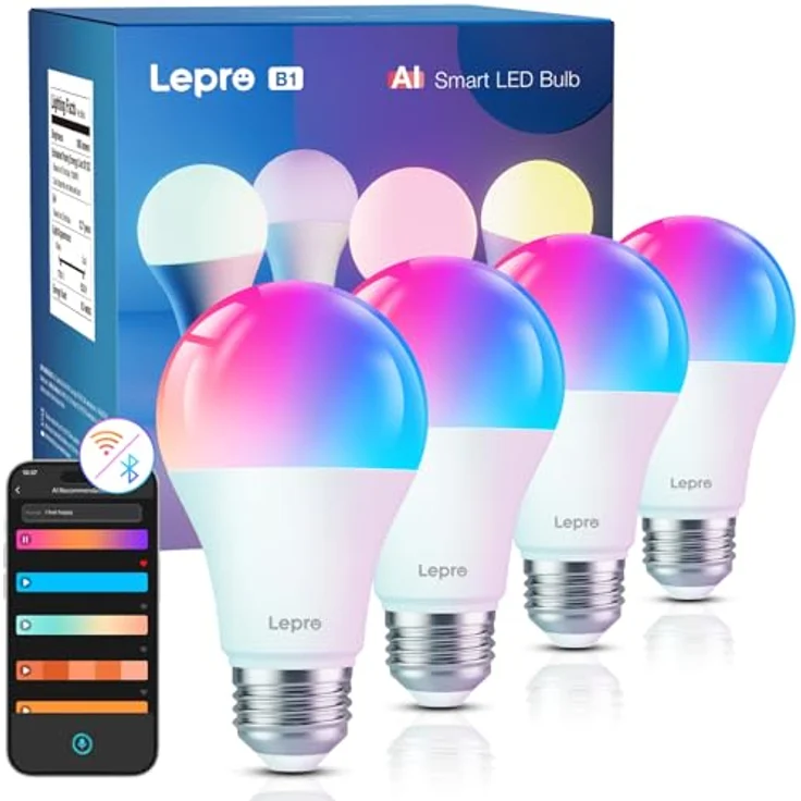 Lepro AI Smart Glühbirne B1, E27 Lampe 8.5W 806lm Dimmbar, Personalisierter KI-Lichtdesigner, Sprachsteuerung/Musik Sync, WiFi & Bluetooth Smart Bulb, Kompatibel mit Alexa/Google Assistant, 4 Stück – Bild 2