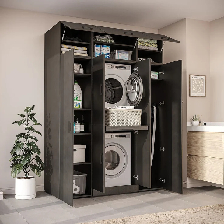 Roomart Waschmaschinenschrank - DORA-I- 160 cm breit - Wasch- & Trocknerschrank mit 2 Hochschränken, Türen & Ausziehbrett, Waschmaschinen-Überbau für Waschküche & Hauswirtschaftsraum • Schwarz-Eiche – Bild 3