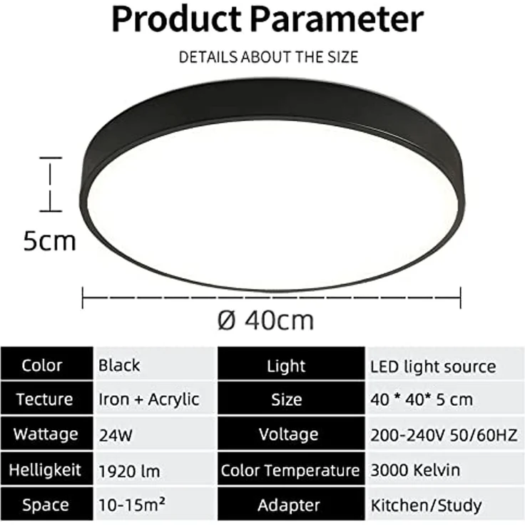 style home LED Deckenleuchte Metall Deckenlampe 12W/24W/36W/48W/96W, Runde/Quadratisch, LED fest integriert, Warmweiß 3000K ohne Fernbedienung, 24W, Ø30*4cm, Runde Lampe für Wohnzimmer Schlafzimmer Küche, Schwarz – Bild 5