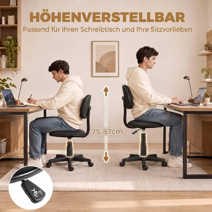 HOMCOM Bürostuhl, Polyester, Schwarz, 48L x 43B x 75-87H cm – Bild 4