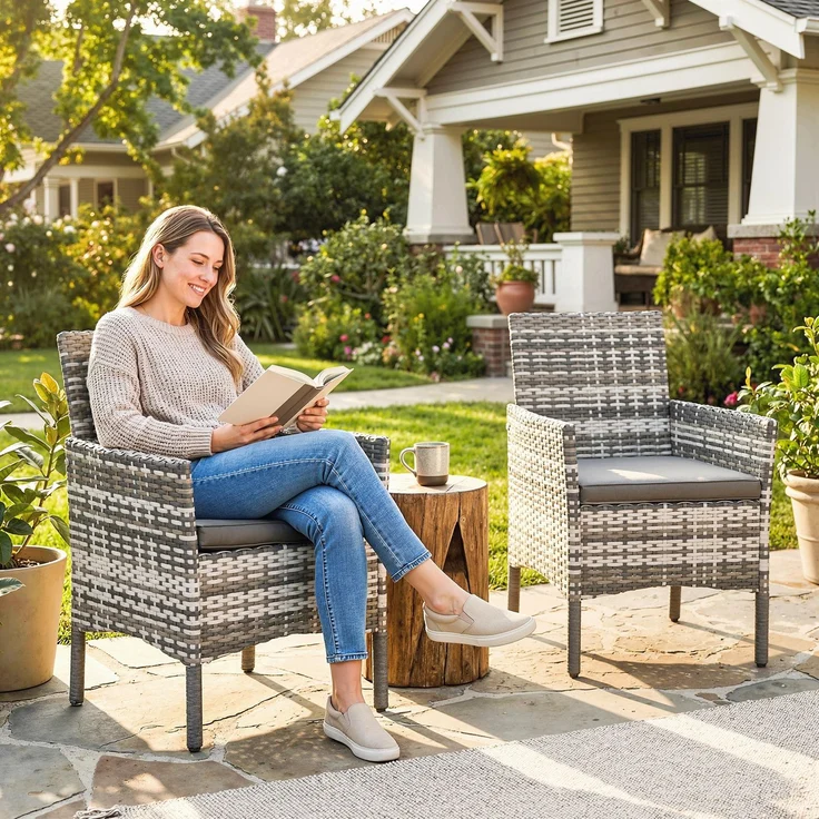 MELAYR, 2er Set Gartenstuhl Polyrattan Gartenmöbel mit 2 Sessel Abnehmbaren Kissen Stahlrahmen Grau, 62 x 58 x 87 cm – Bild 3