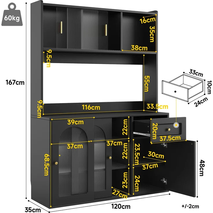 Merax Küchenschrank, Hochschrank, Vitrinenschrank, Buffetschrank mit Verstellbaren Ablagen, Esszimmerschrank, Sideboard mit LED-Beleuchtung, schwarz – Bild 4