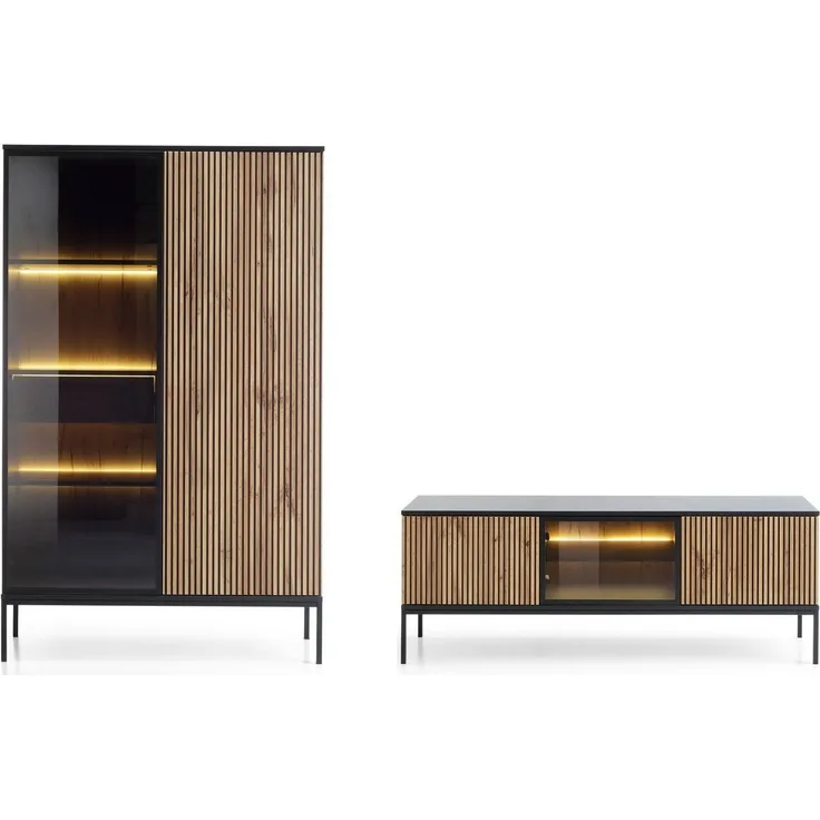 Wohnzimmer-Set Wohnwand Sento 2-teilig schwarz Wotan Eiche MDF