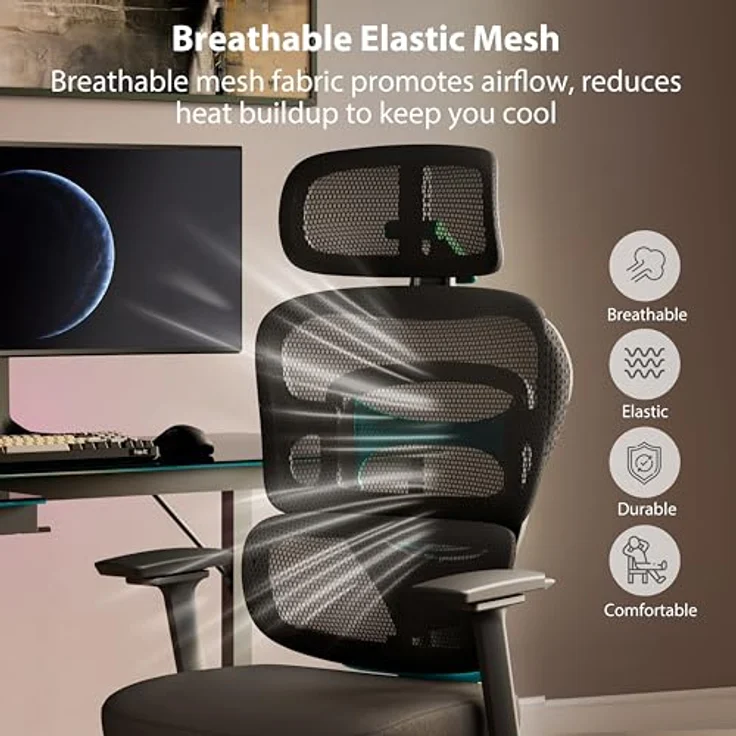 EUREKA ERGONOMIC Axion Gaming Stuhl, Ergonomischer Bürostuhl mit verstellbarer Lendenwirbelstütze, 4D Kopfstütze, 3D PU-Lederarmlehnen, Atmungsaktive Netzrückenlehne, Schwarz & Blau – Bild 4