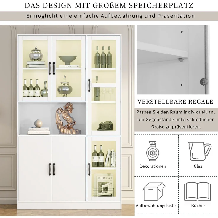 3135030405WAA)Weißer Vitrinenschrank, Bücherregale mit Türen, große Küchenanrichte, Vorratsschrank, Luxus-Bücherregal mit LED-Licht, Vitrinenschrank mit Regalen für Wohnzimmer, Schlafzimmer--Weiß--120x40x200cm--YOUDENOVA – Bild 10