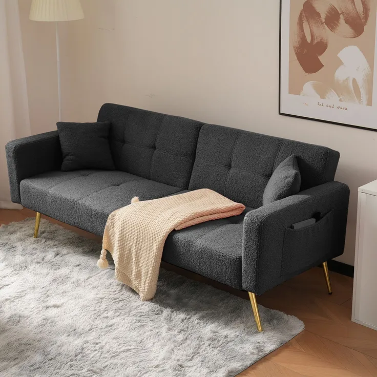 Schlafsofa mit Lammwollbezug, hochdichte Schaumstoffkissen, Rückenlehne neigbar bis 180°, vergoldete Beine, dunkelgrau