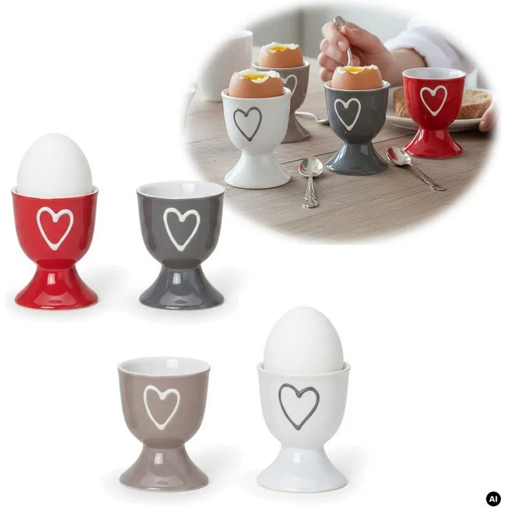 LS-LebenStil Eierbecher 4 Keramik Eibecher Set Herz Grau Weiß Rot Braun Gute Laune Eierhalter, (Exklusive edle Eihalter, perfekte Deko am Frühstückstisch, 4-tlg, für das perfekte Frühstücksei, Geschenk zur Hochzeit, Verlobung), Muttertag, Vatertag, Ost...