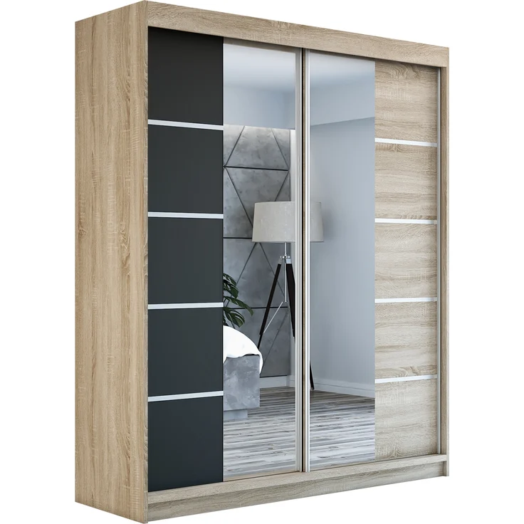 Schwebetürenschrank ERA 2-türig Schrank 180 cm (mit Spiegel) Farbe: Sonoma , schwarz – Bild 1